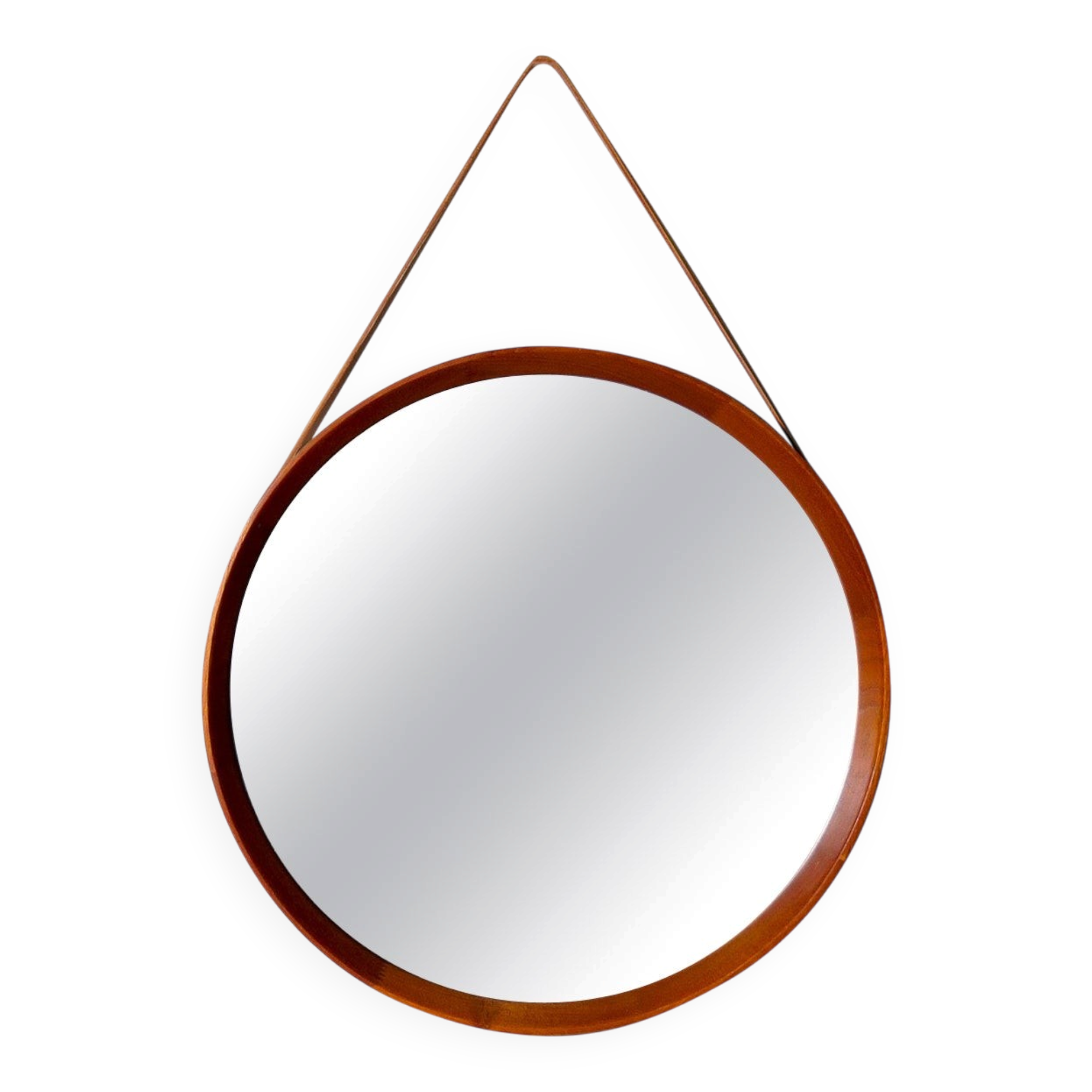Modern mid-century round mirror in leather and teak by Glas & Trä Hovmantorp Sweden