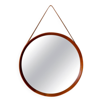 Modern mid-century round mirror in leather and teak by Glas & Trä Hovmantorp Sweden