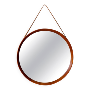 Modern mid-century round mirror in leather and teak by Glas & Trä Hovmantorp Sweden