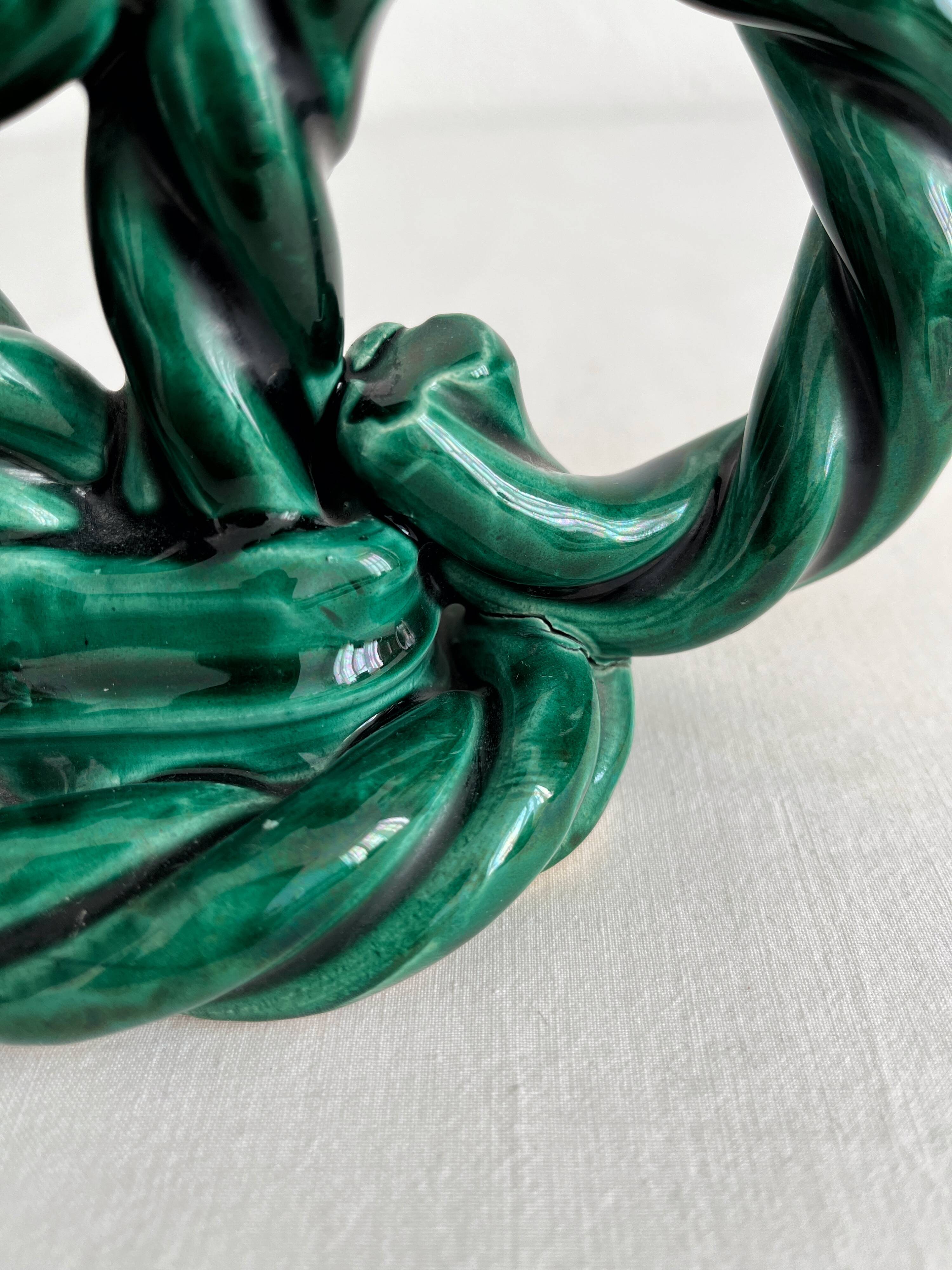 Green vintage woven ceramic candle holder