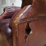 Worn Leather Buttoned Library Fireside Armchair, 1840's