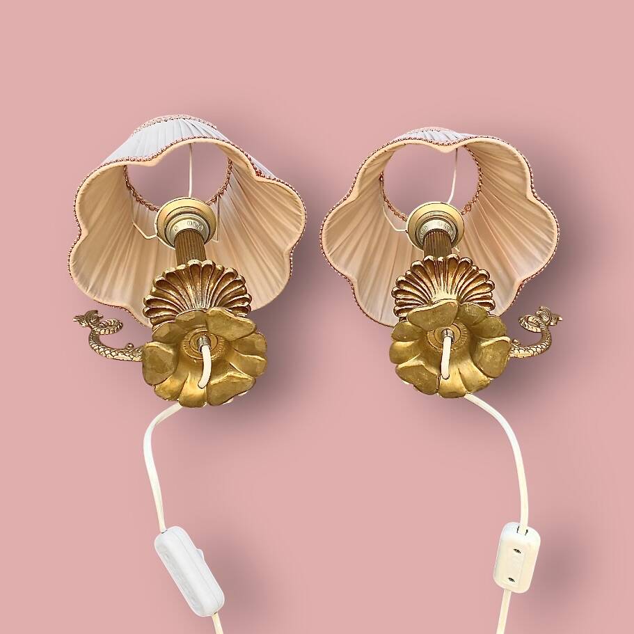 Pair of bedside or side fish lamps in gilded brass
