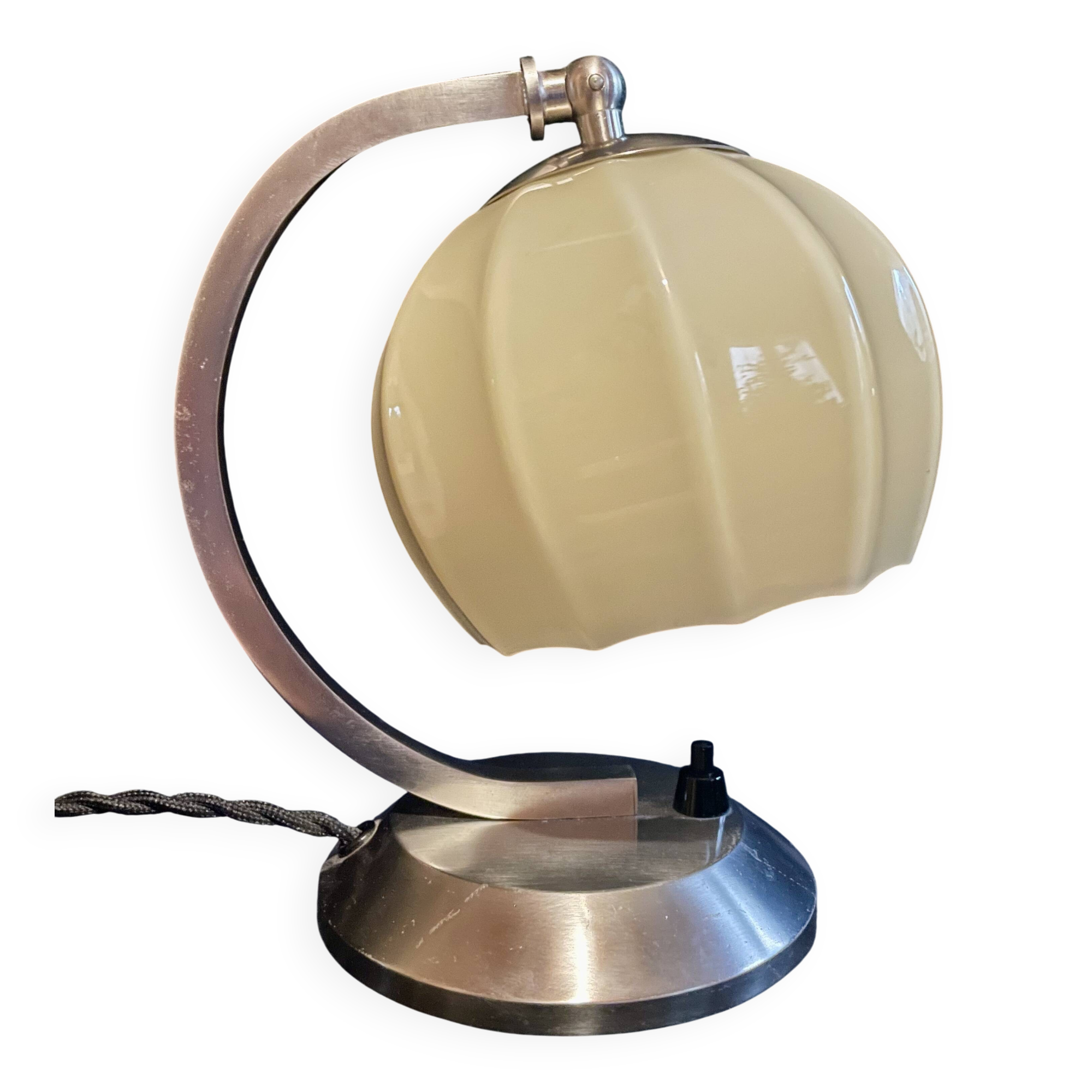 Art Deco bedside lamp, opaline/nickel brass, 1930s.