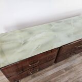 Vintage six-drawer mahogany burl dresser with glass top