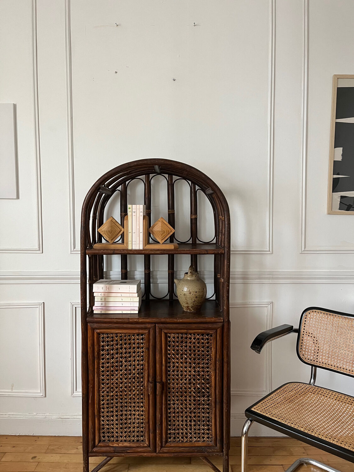 Vintage rattan and caning shelf bookcase