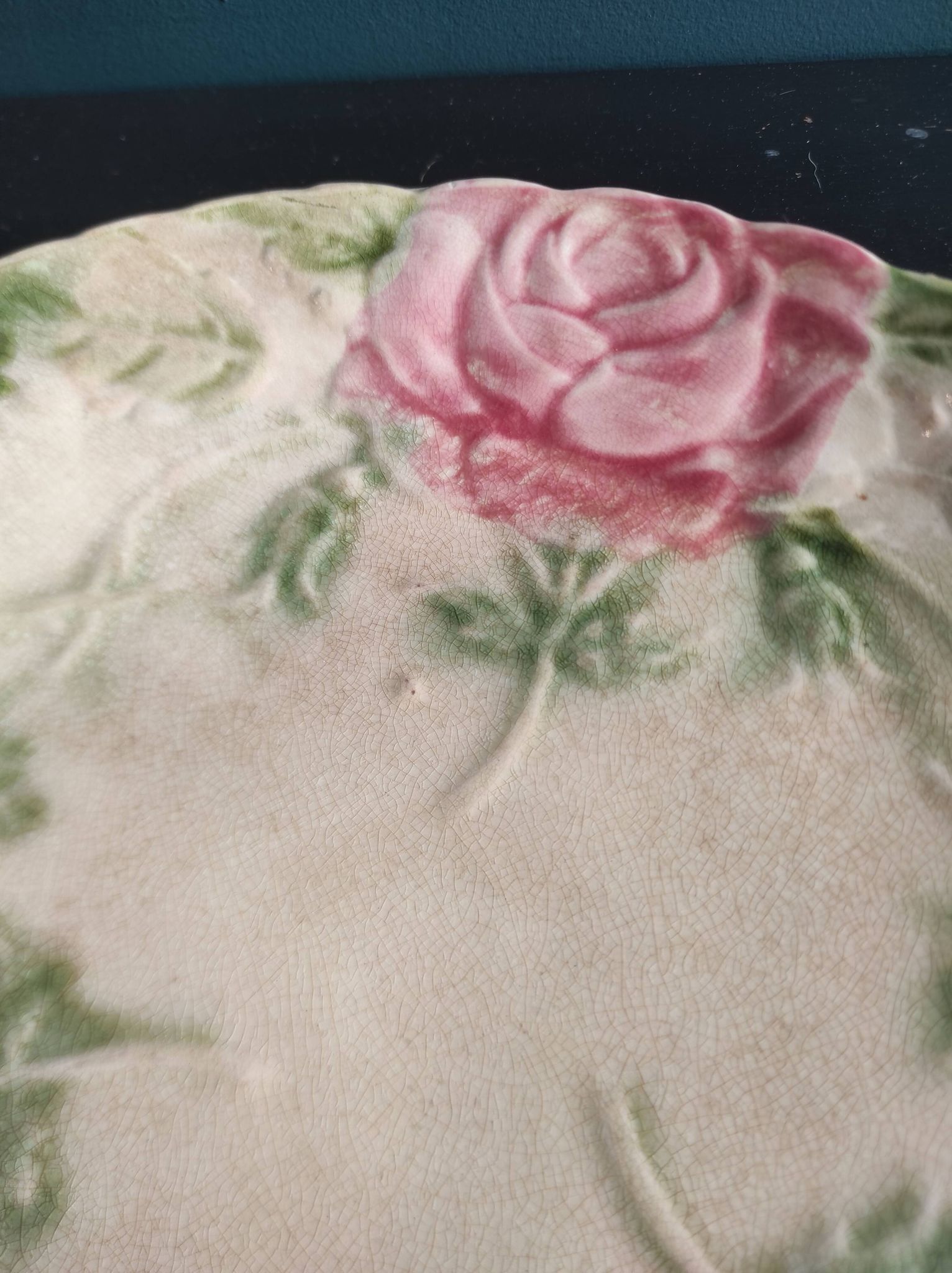 French antique plate decorated with roses in barbotine