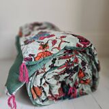 Large reversible cotton velvet quilt with patterns and plain