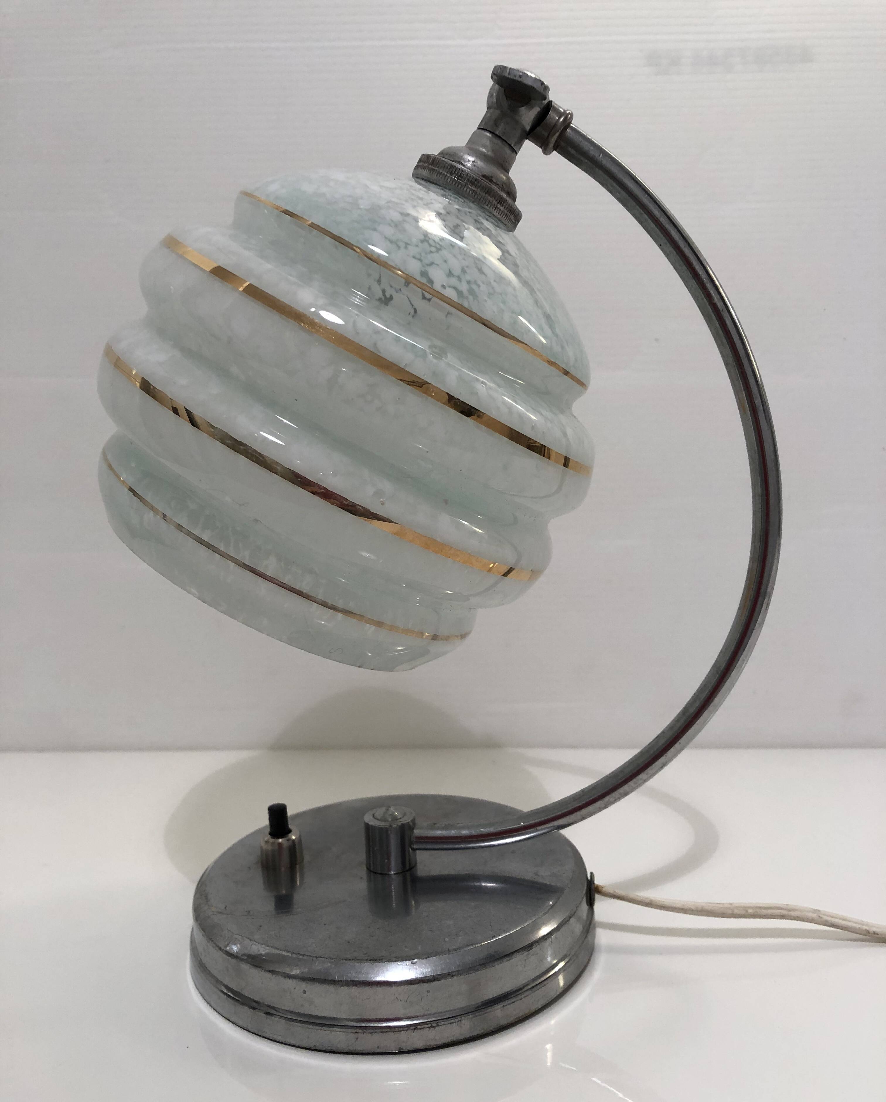 Art Deco adjustable desk or bedside lamp in chromed metal and Clichy globe
