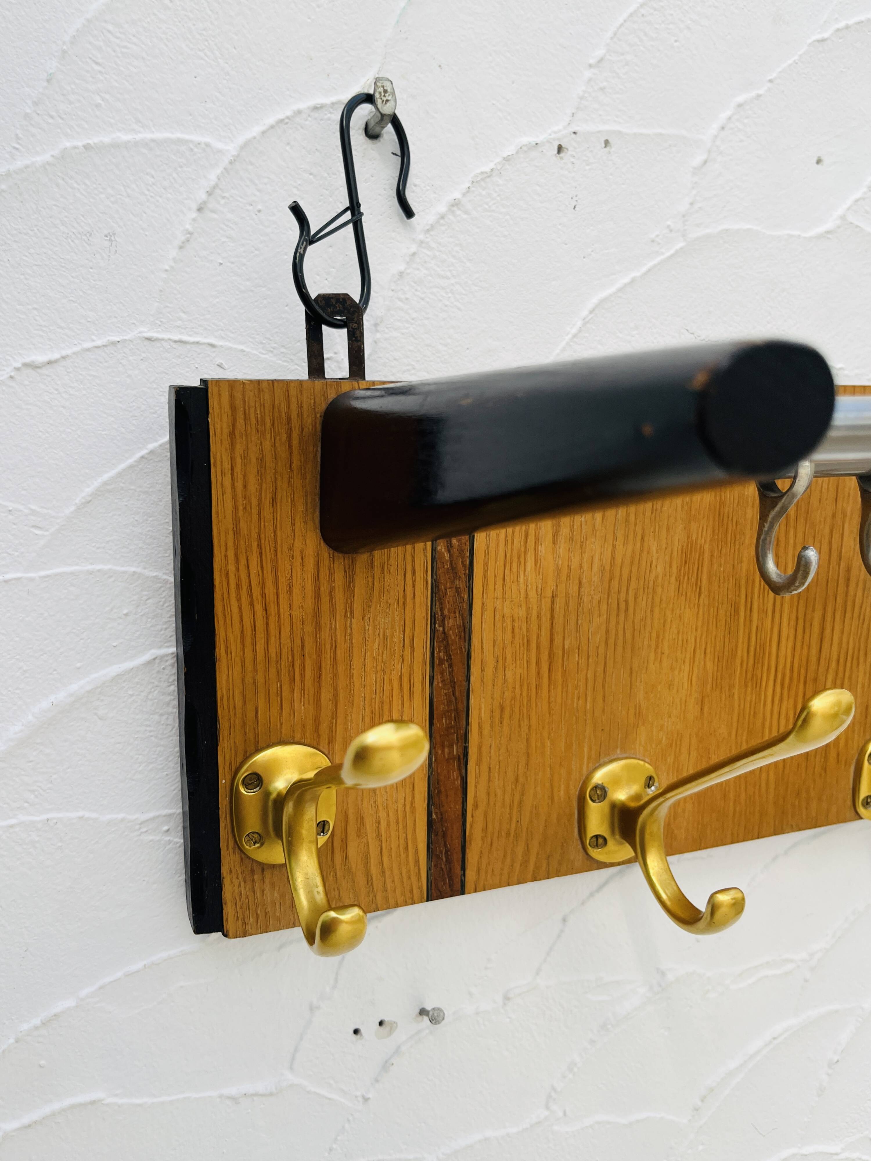 Vintage teak wall coat rack with mirror