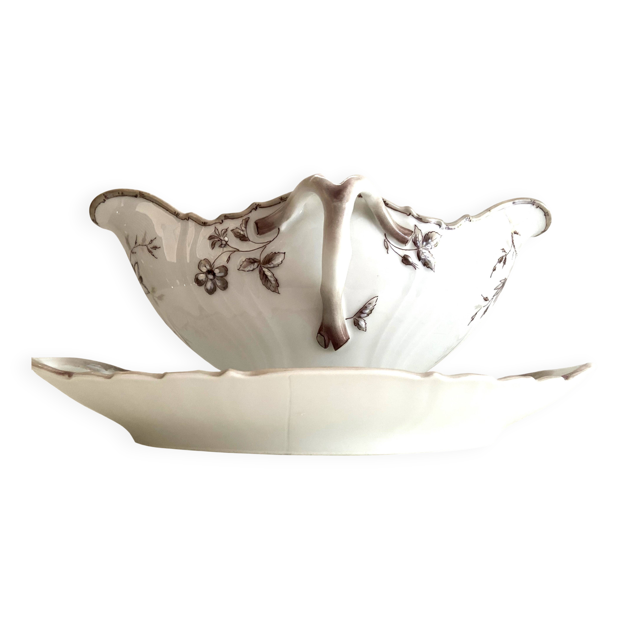 Antique Sauce Boat & Its Frame (Ravier) Fine Porcelain Louis XV Style