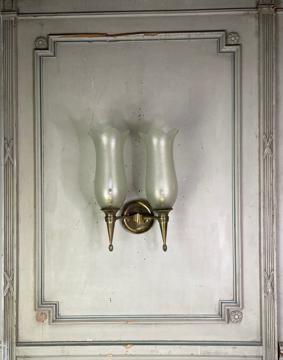 Suite of 4 wall lamps in bronze and murano glass, pier luigi colli and seguso, 1955