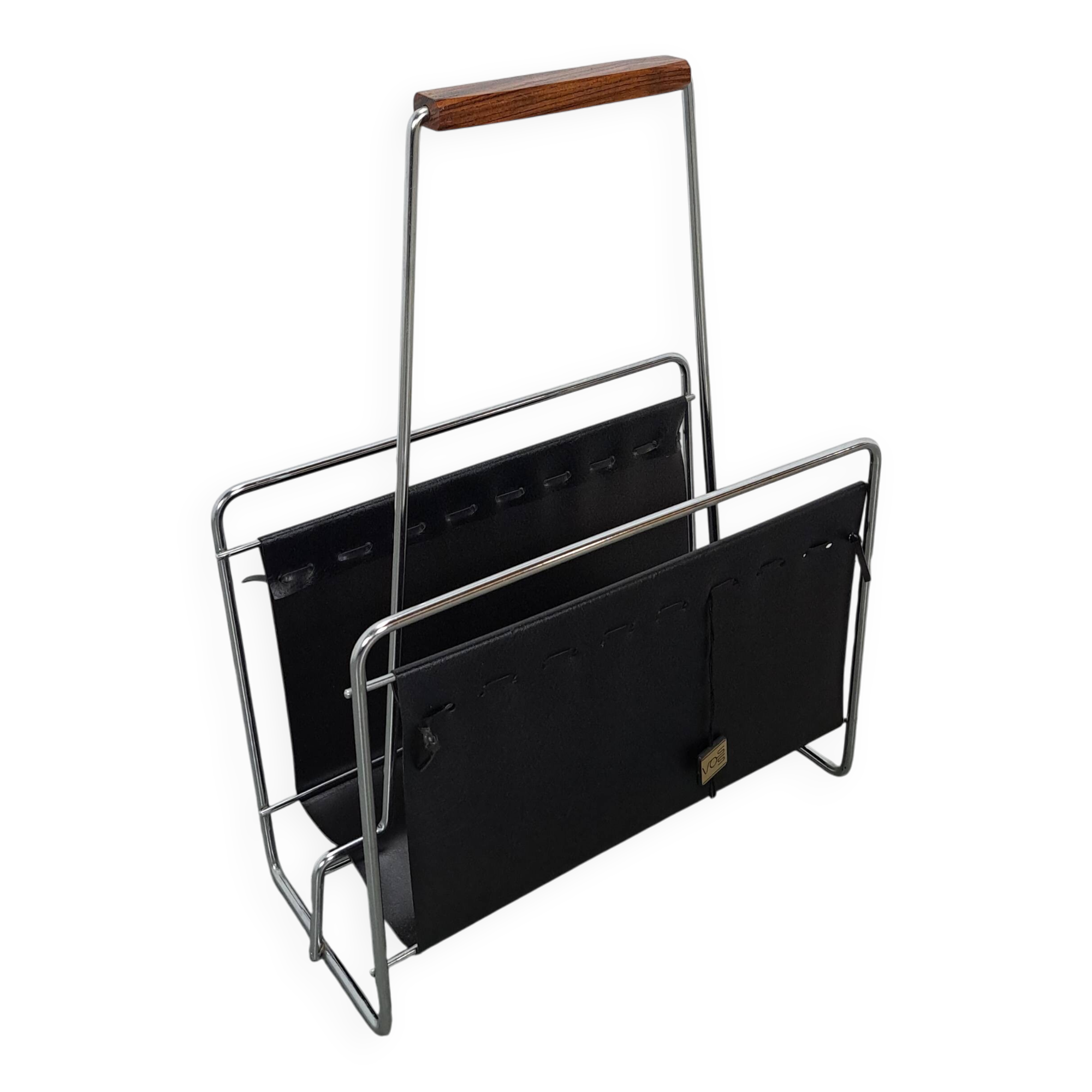 Design Voss jaren 70 leren tijdschriftenrek met chroom