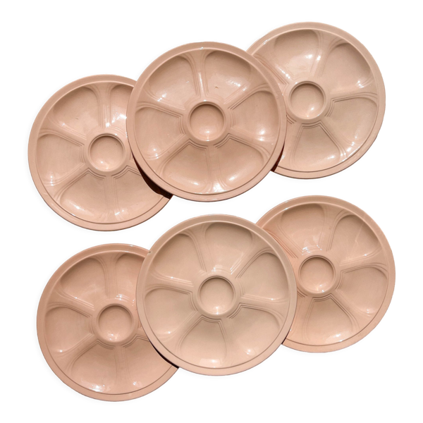 6 assiettes à huîtres en porcelaine rose digoin sarreguemines