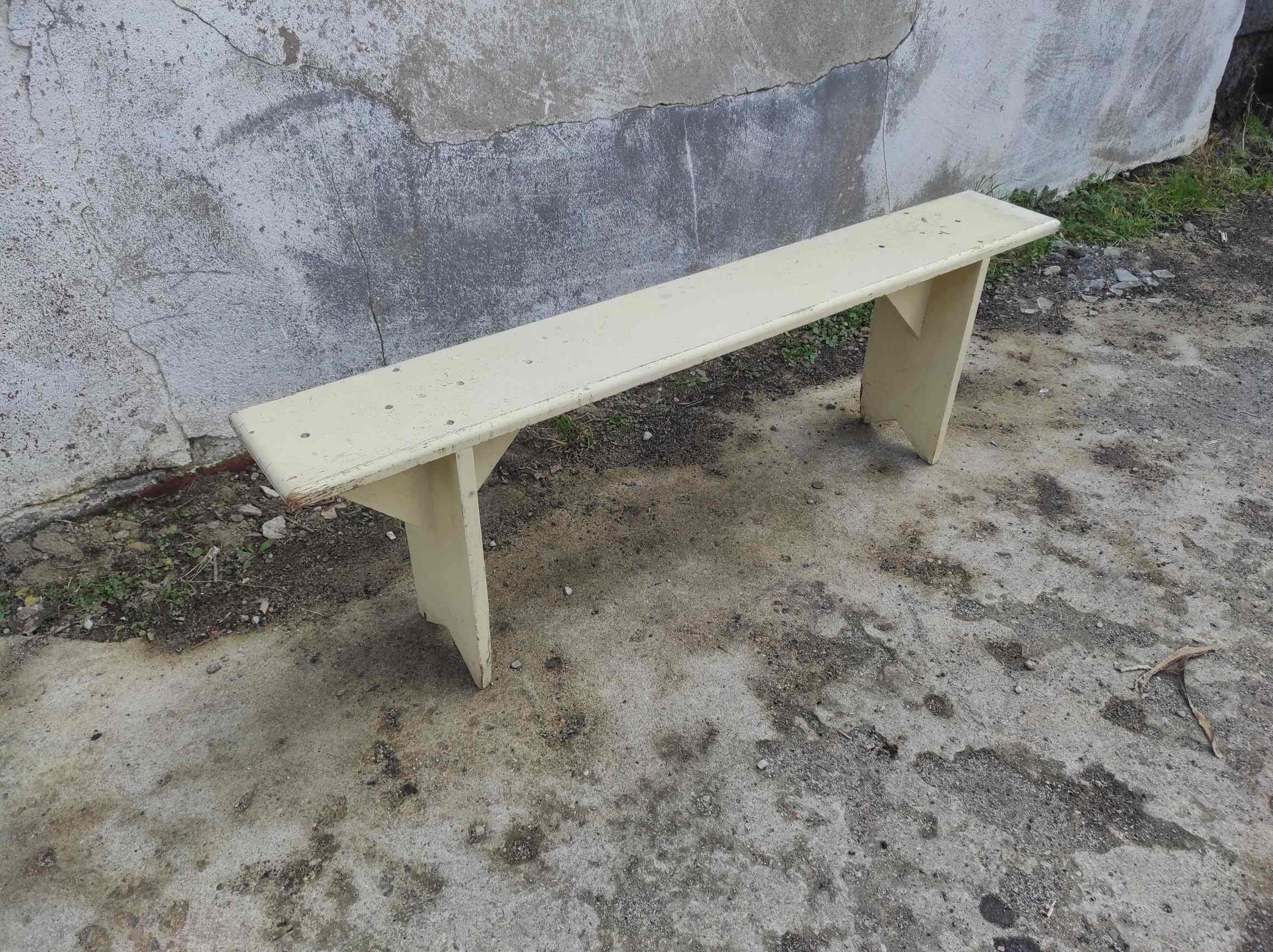 Old wooden farm bench vintage white fir industrial cloakroom