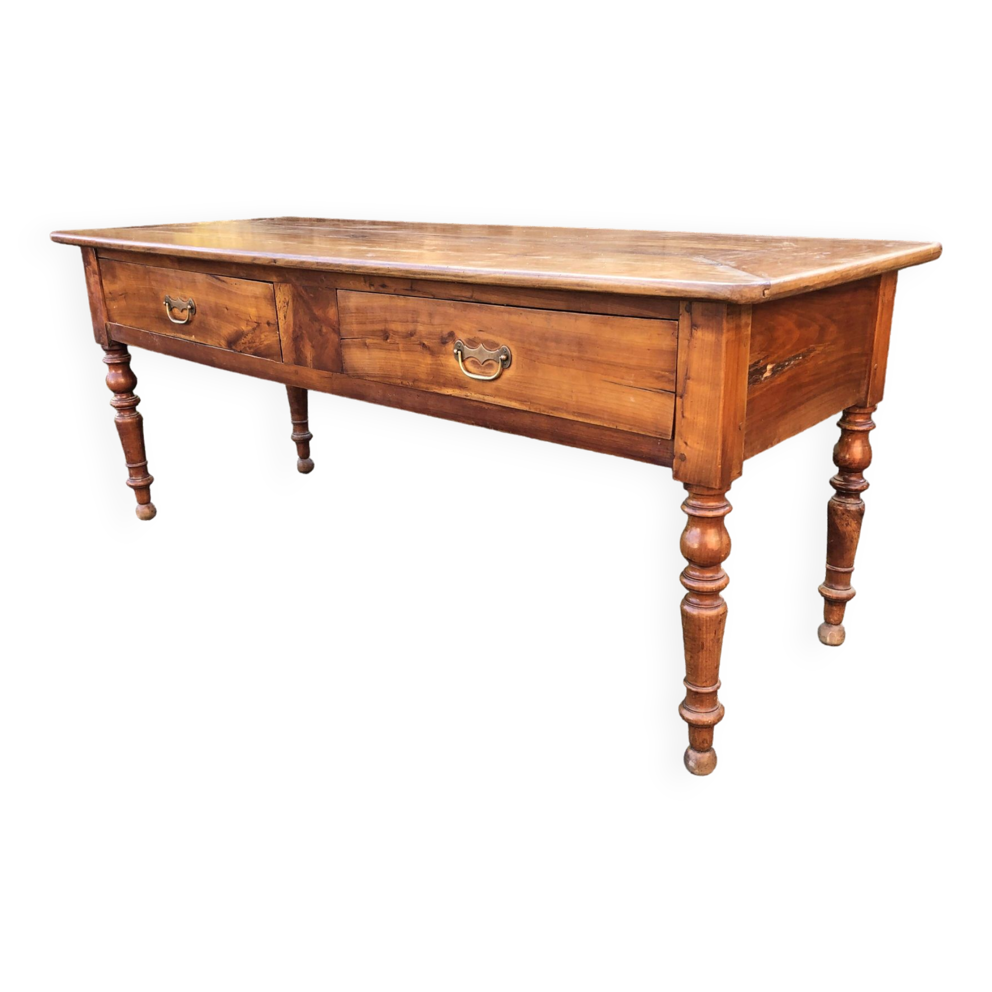 Table de ferme ancienne en cerisier à piétement tourné avec 2 tiroirs.