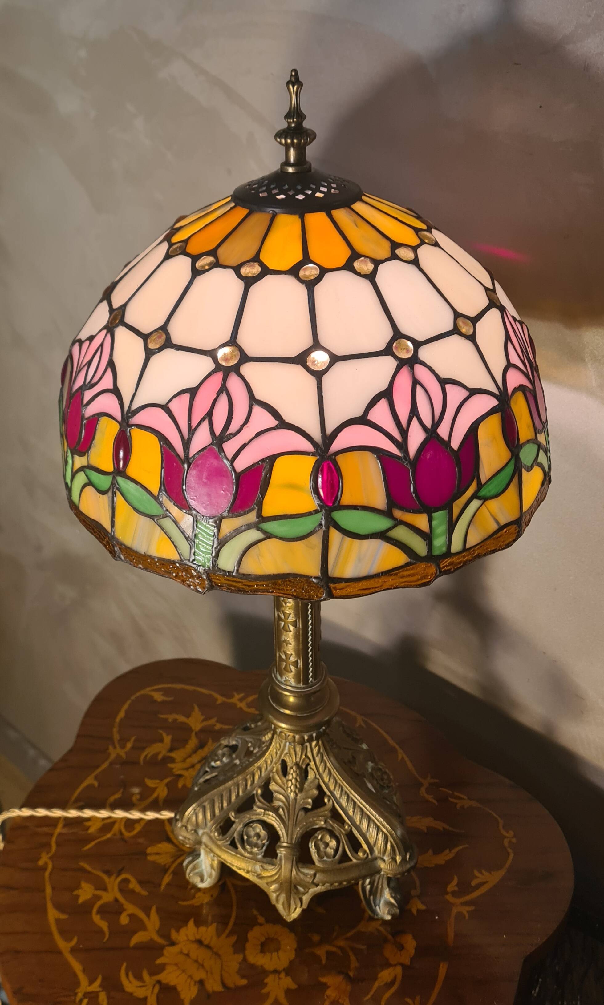 restored antique Art Nouveau bronze lamp, stained glass lampshade in Tiffany style