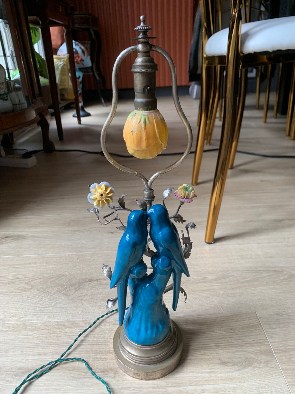 Superb Arras Lamp & Flower Faience - Silvered Bronze - Boler brand -