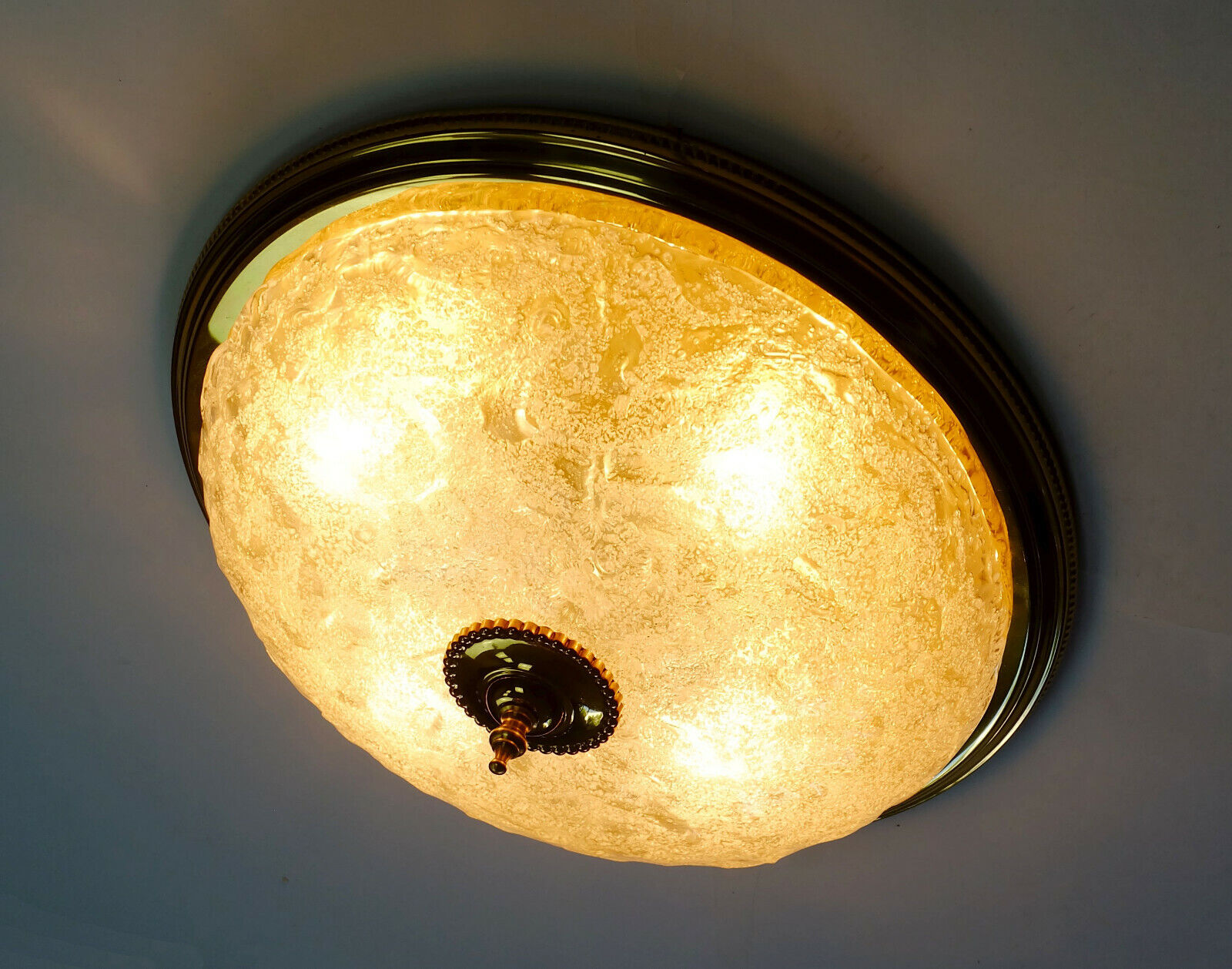 large vintage mid century ice glass and brass CEILING LAMP