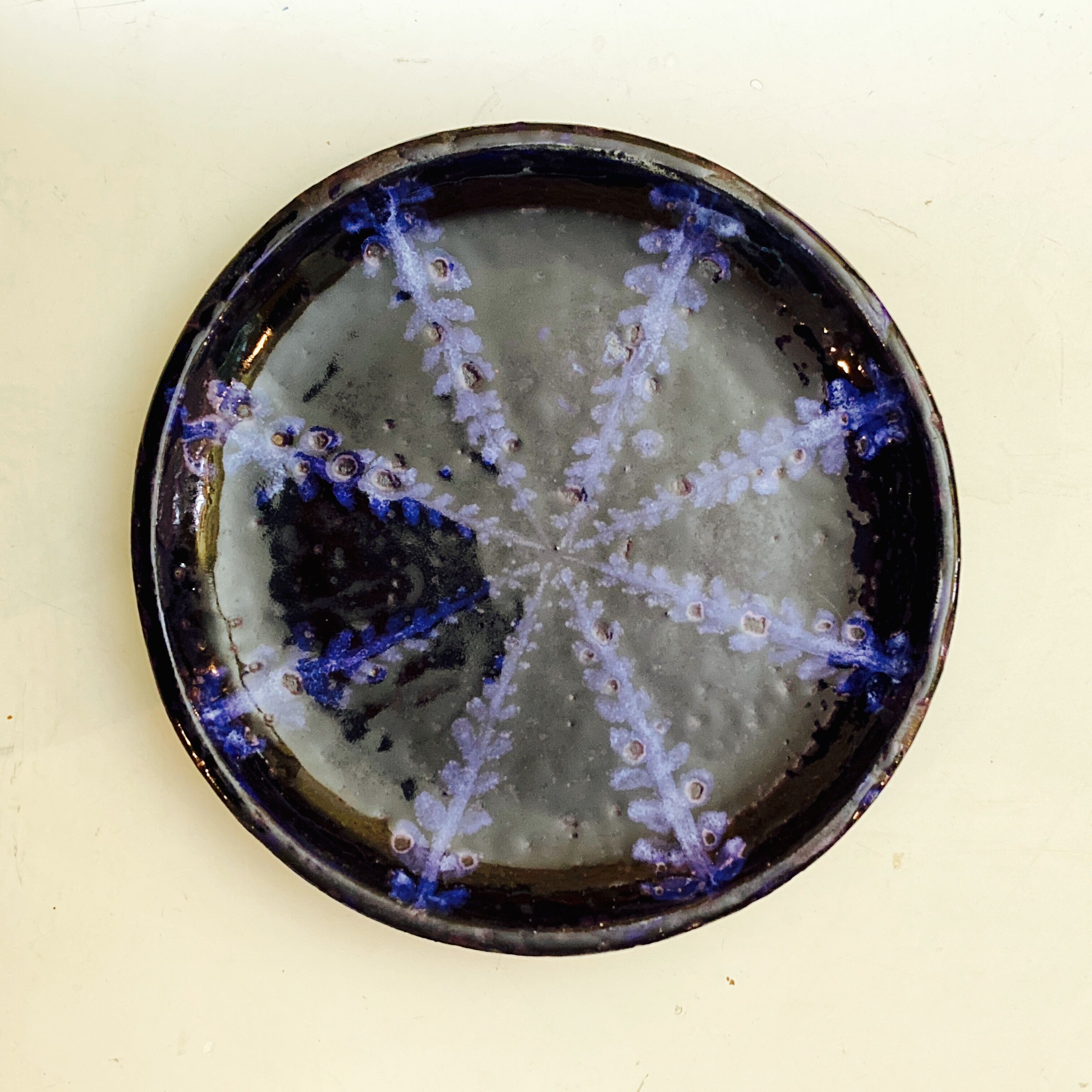 White terracotta dish enamelled with a blue sea urchin decoration