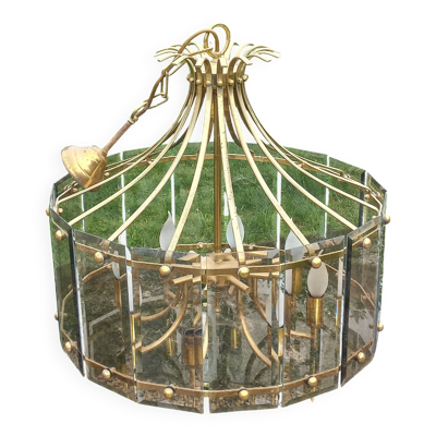 Lustre design des années 70 plaquettes verre fumé et monture métal doré