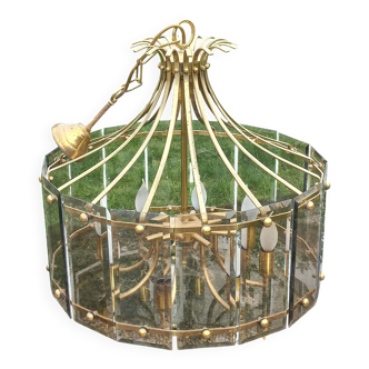 70s designer chandelier with smoked glass plates and gold metal frame