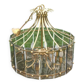 Lustre design des années 70 plaquettes verre fumé et monture métal doré
