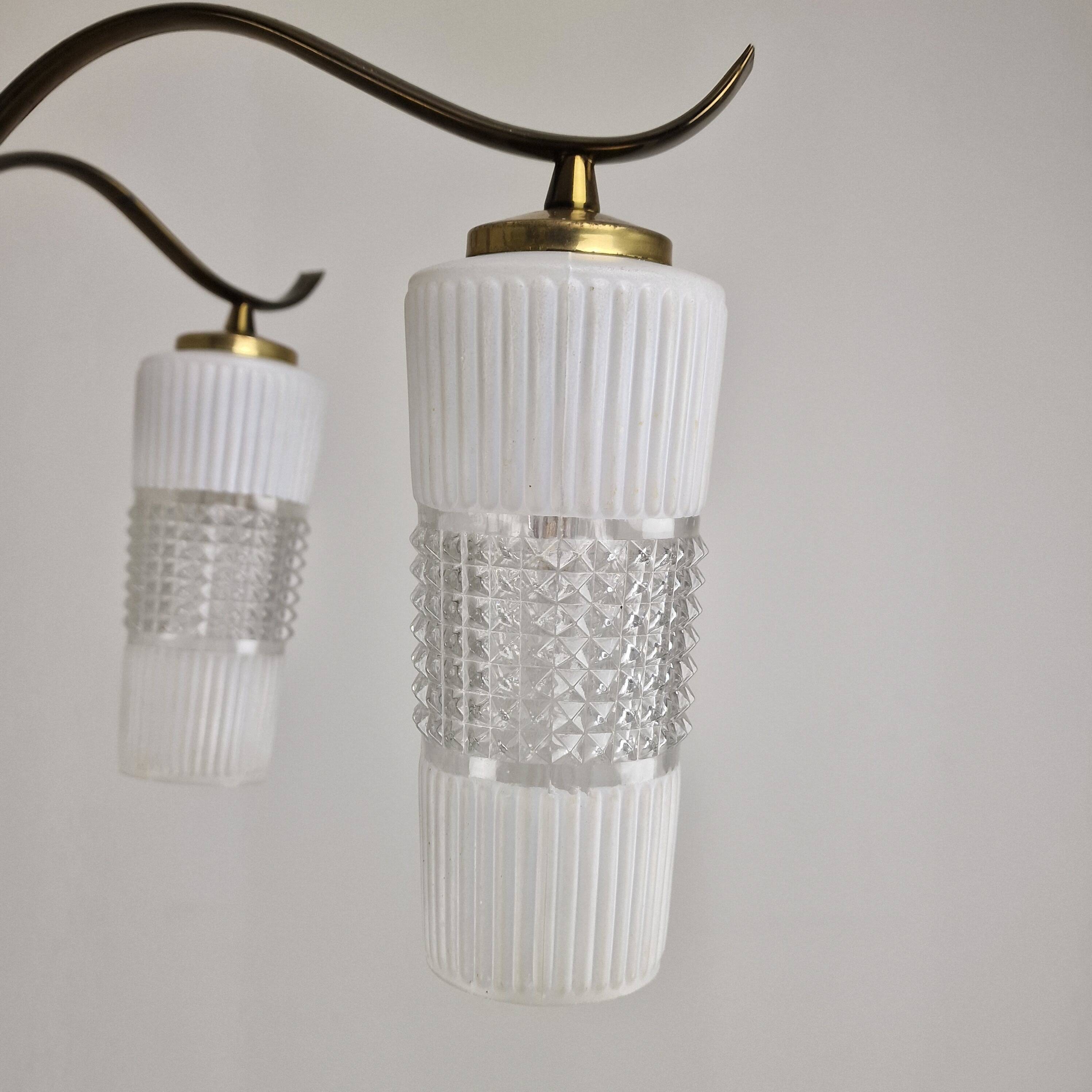 Italian Mid-Century Brass Chandelier with Murano Style Glass Shades, 1960's