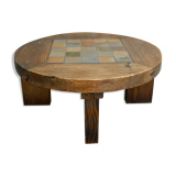 Coffee table, round, pine and sandstone tiles