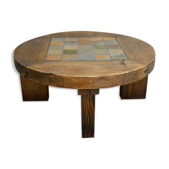 Coffee table, round, pine and sandstone tiles