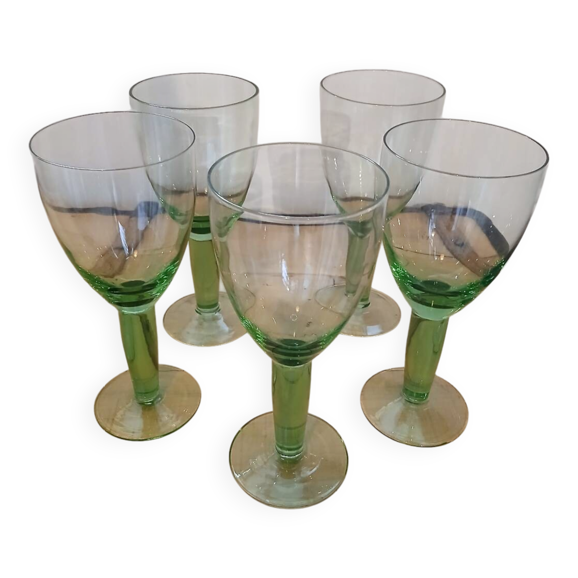 5 large green stemmed glasses