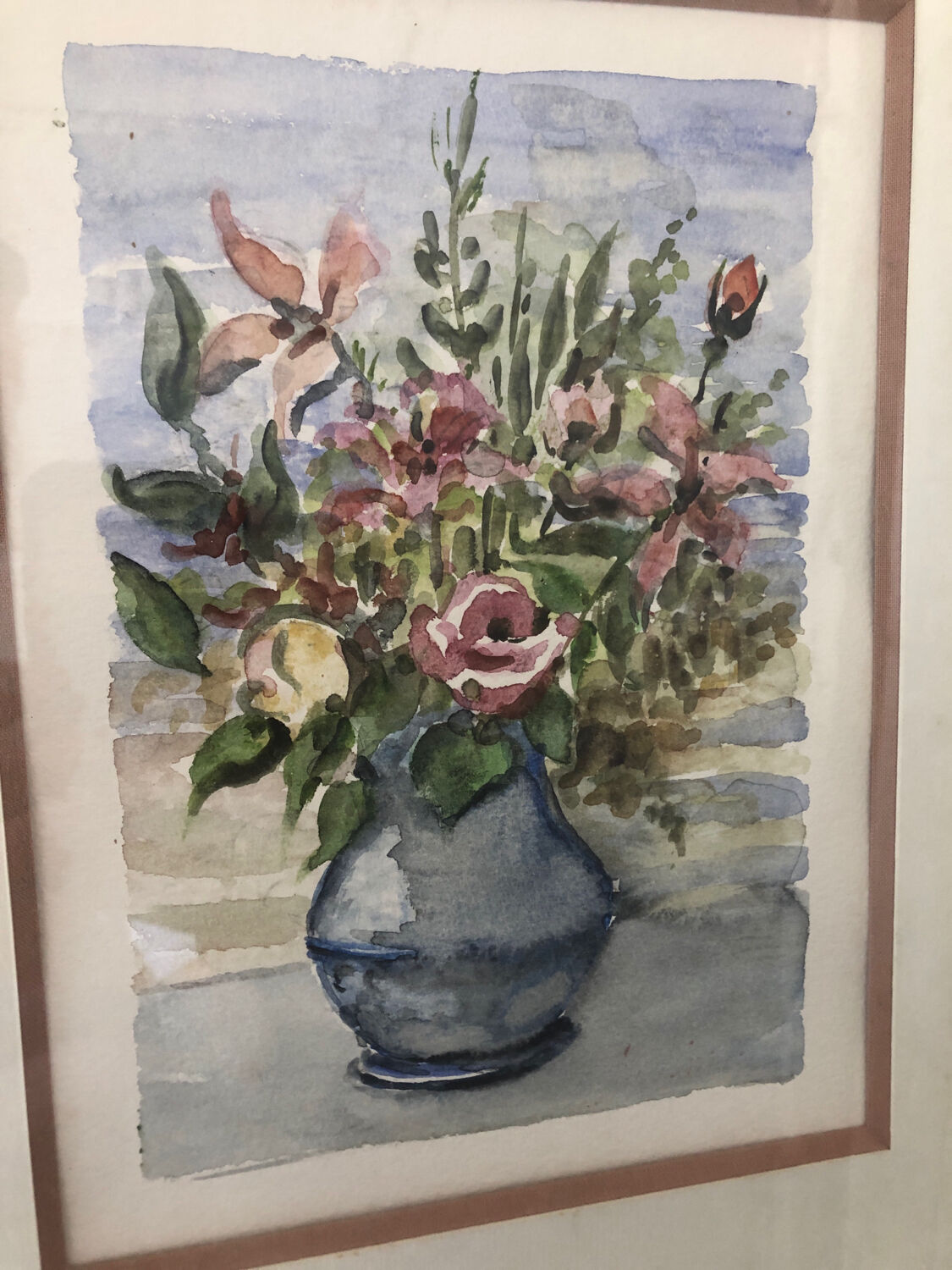 Original watercolor painting monfranc bouquet of flowers + gilded wood frame #a222