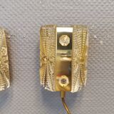 Set of wall lamps in brass colored suspension with thick pressed glass, from Danish Vitrika 1970s.
