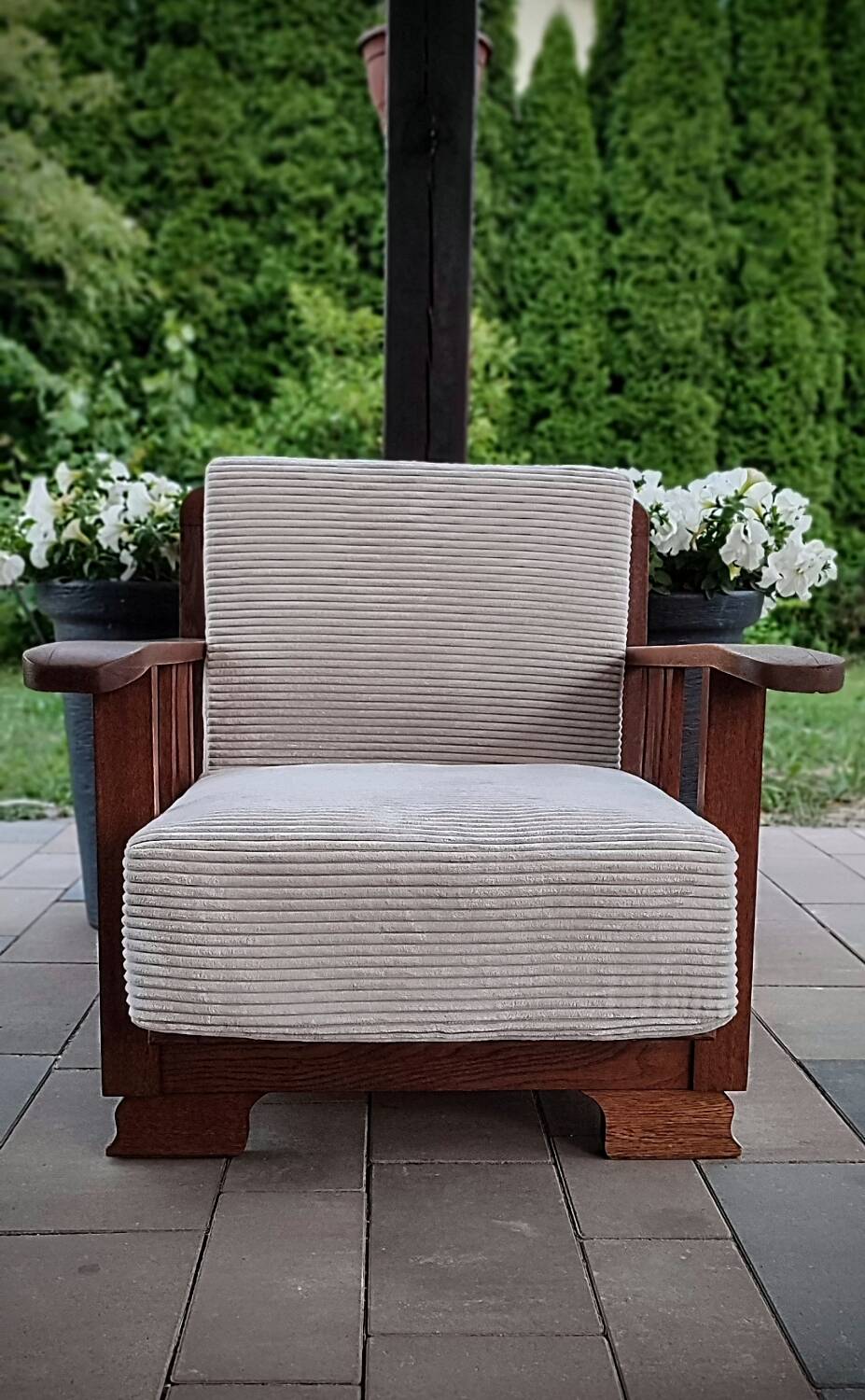 Art Deco armchair in solid oak and off-white corduroy, 1950s