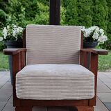 Art Deco armchair in solid oak and off-white corduroy, 1950s