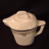 Old covered jug, vintage, geometric frieze with flowers and black trim.