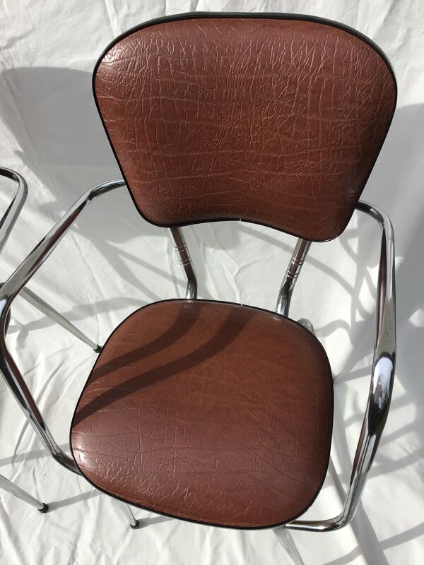 2 fauteuils cuisine métal chromé skaï marron 60’s
