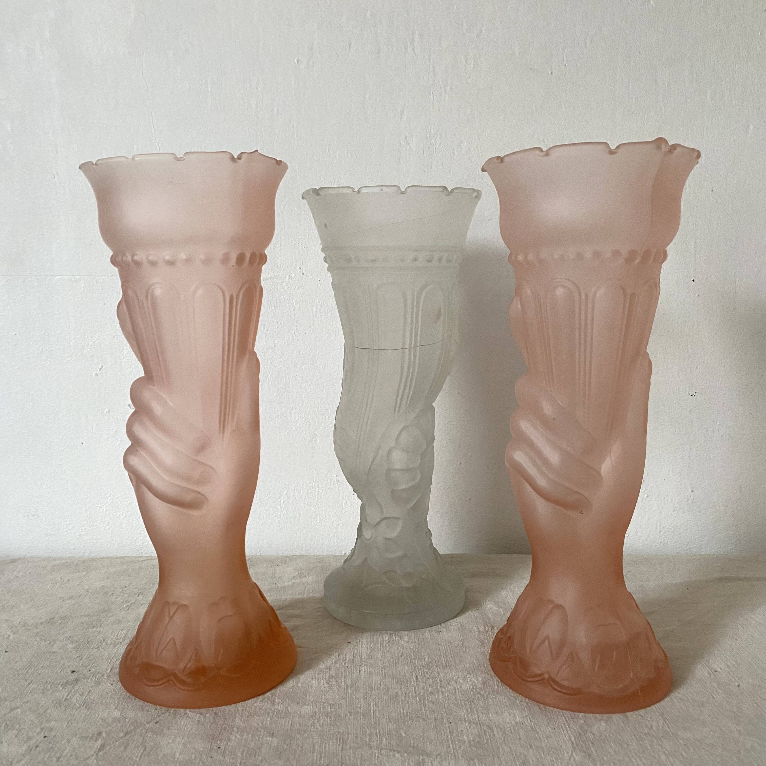 Pair of pink frosted glass torch vases, handmade, art deco