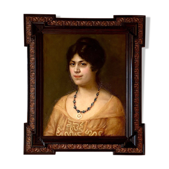 Oil painting on framed canvas - portrait of Anna Tanguy by Marguerite Dorbit, March 1921