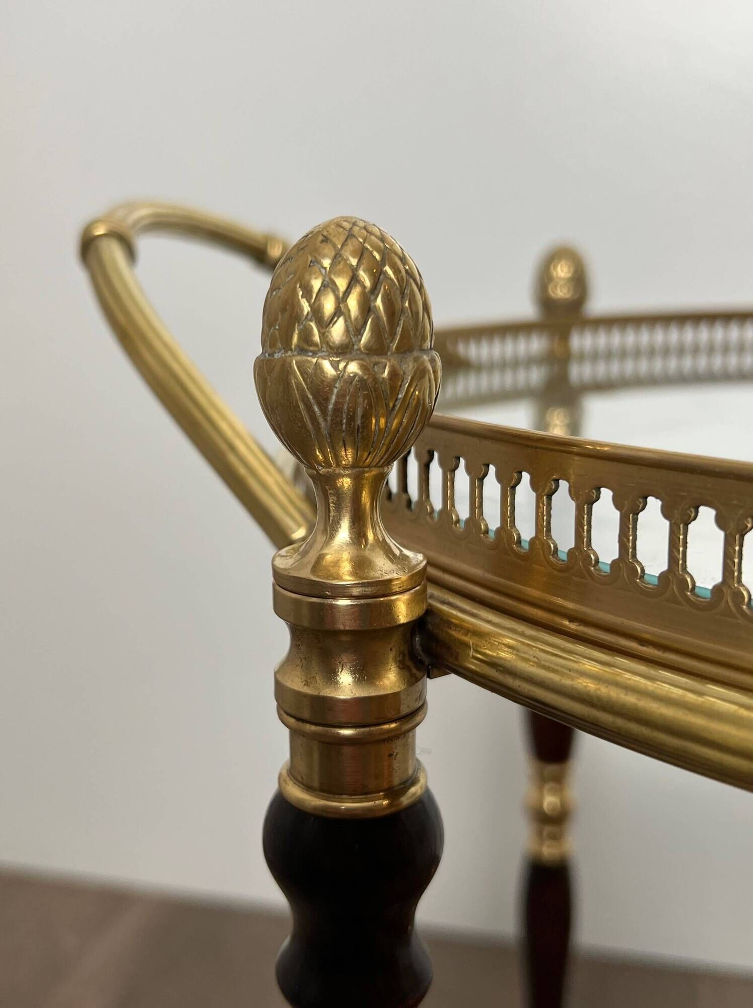 Oval Rolling Table in Brass and Mahogany with Openwork Gallery and Bottle Holder