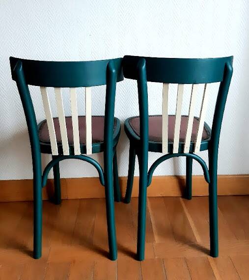 Pair of vintage emerald green bistro wooden chairs