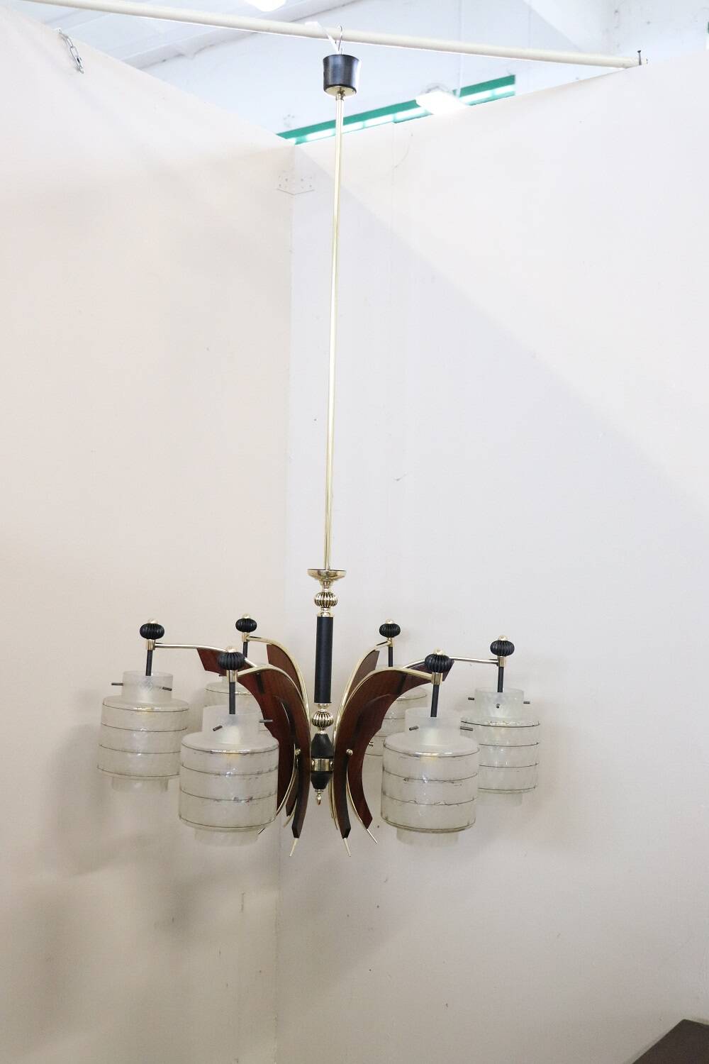 Glass, wood, brass and black lacquered metal chandelier, Italy, 1950