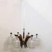 Glass, wood, brass and black lacquered metal chandelier, Italy, 1950