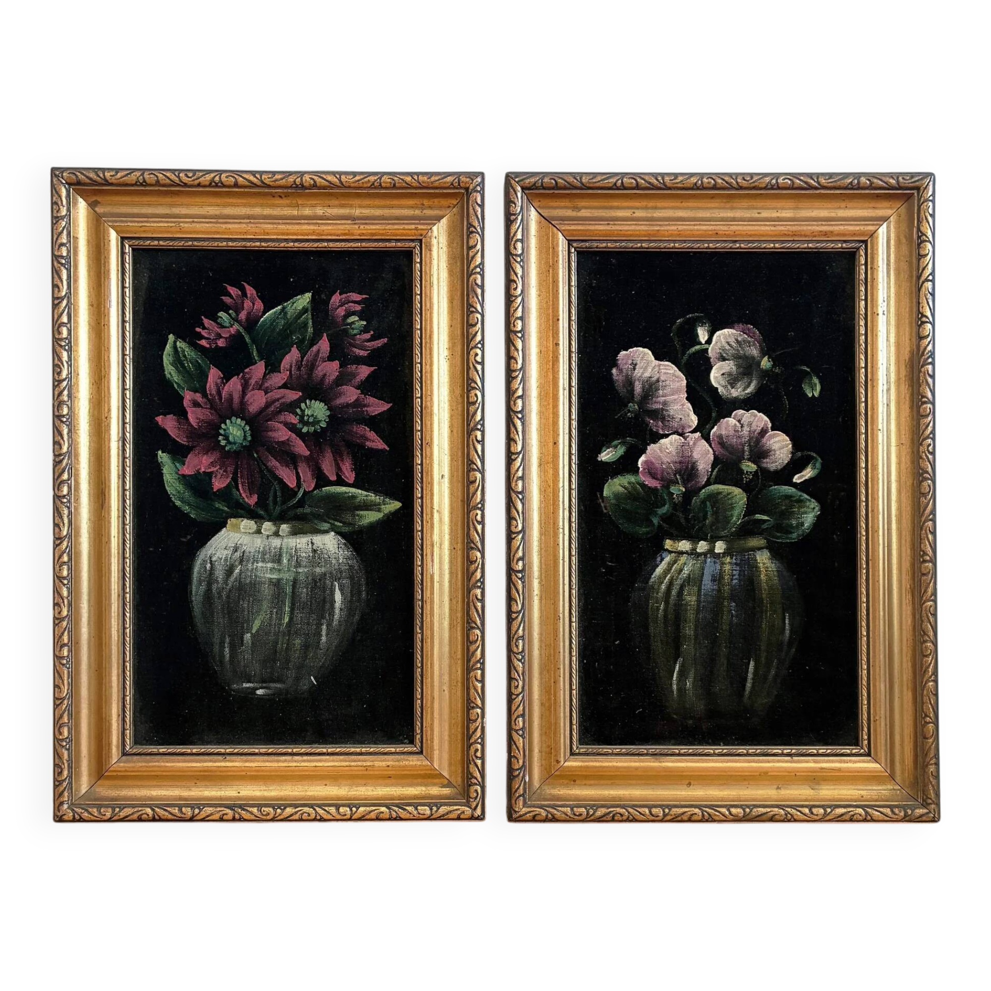 Set vintage original velvet flower oil painting, pair of flower still life art