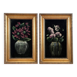 Set vintage original velvet flower oil painting, pair of flower still life art