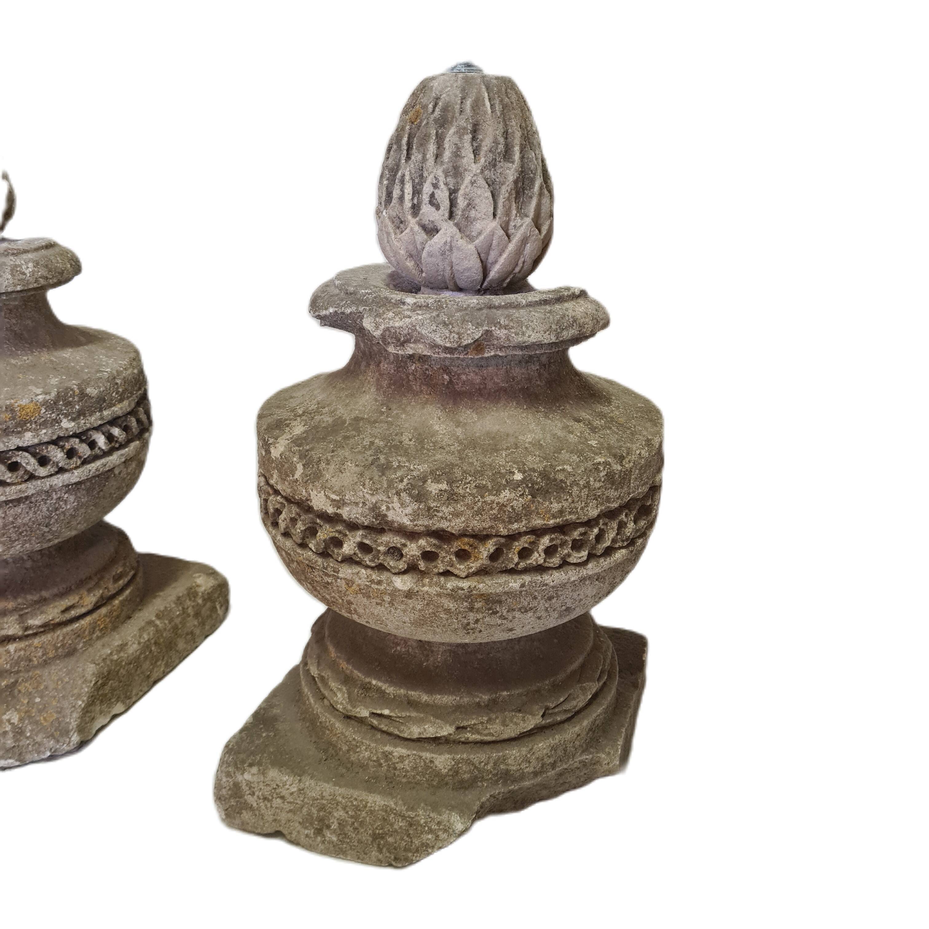 Set Of French Sandstone Decorative Vases With Artichoke, From The 18th Century