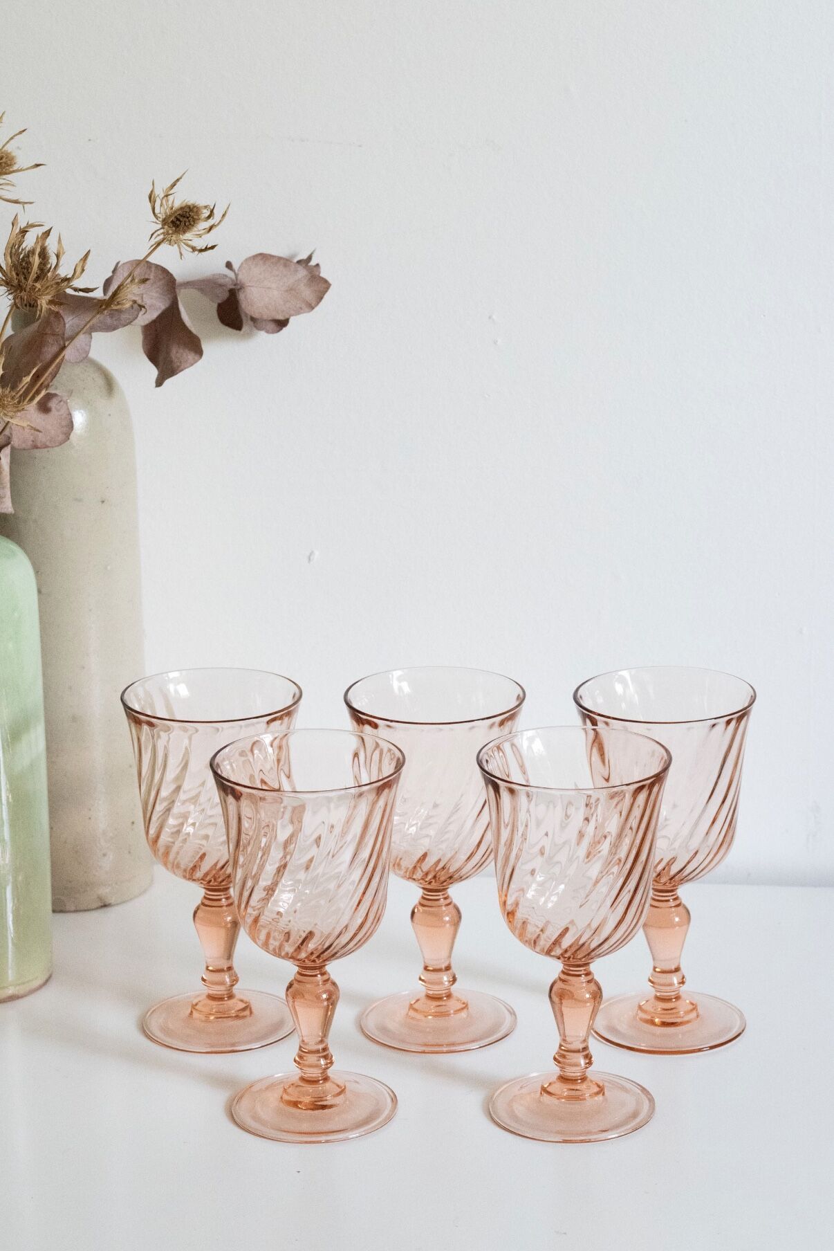 Set of 5 vintage Arcoroc Rosaline foot glasses