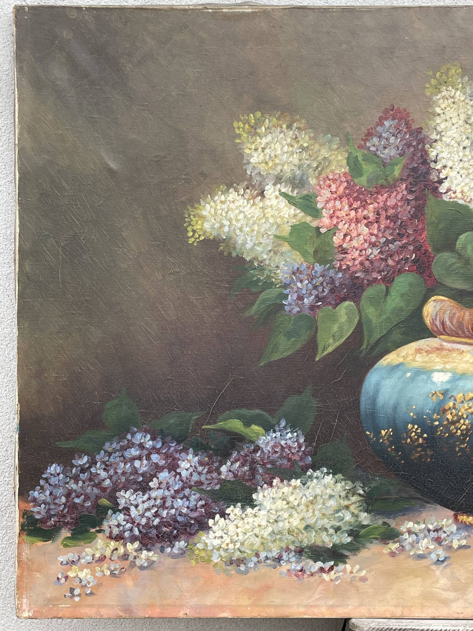Large oil on canvas bouquet of lilacs signed by a. struciński poland, mid-20th century