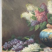 Large oil on canvas bouquet of lilacs signed by a. struciński poland, mid-20th century