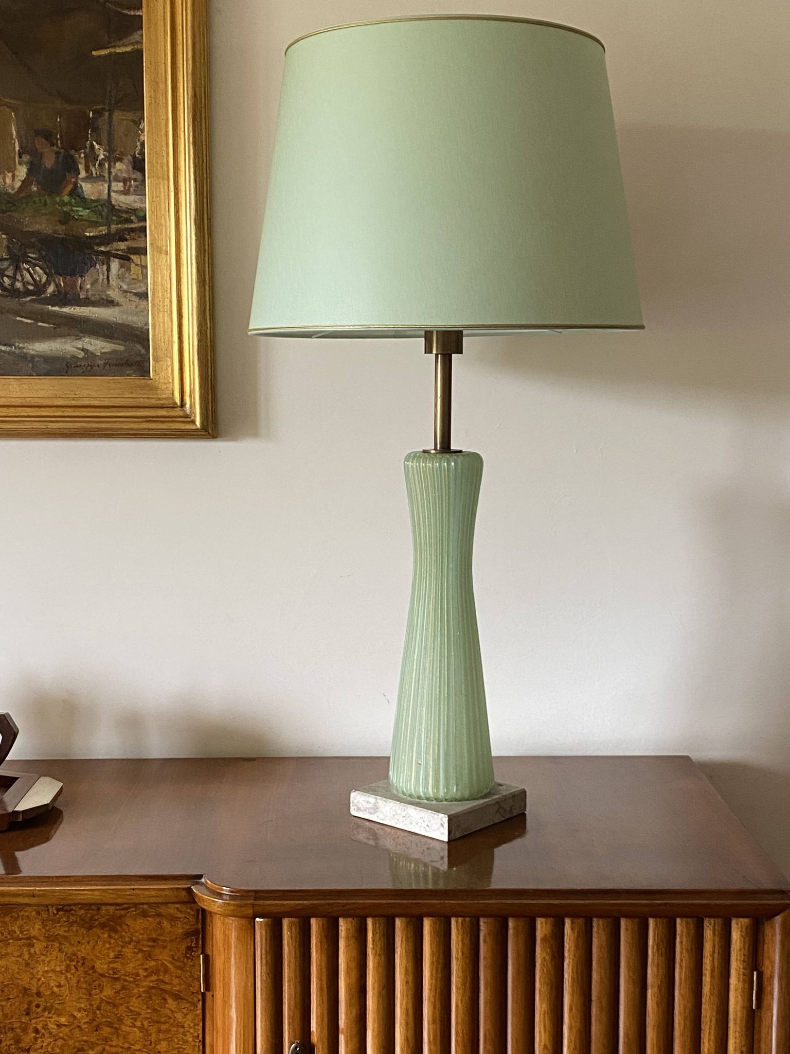 Mid-century modern green Murano glass Table lamp, Barovier & Toso style  Italy, 1940s