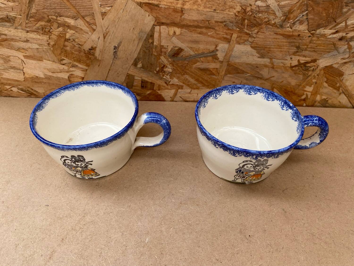 Pair antique quimper cb ceramic beige blue france cup #b287